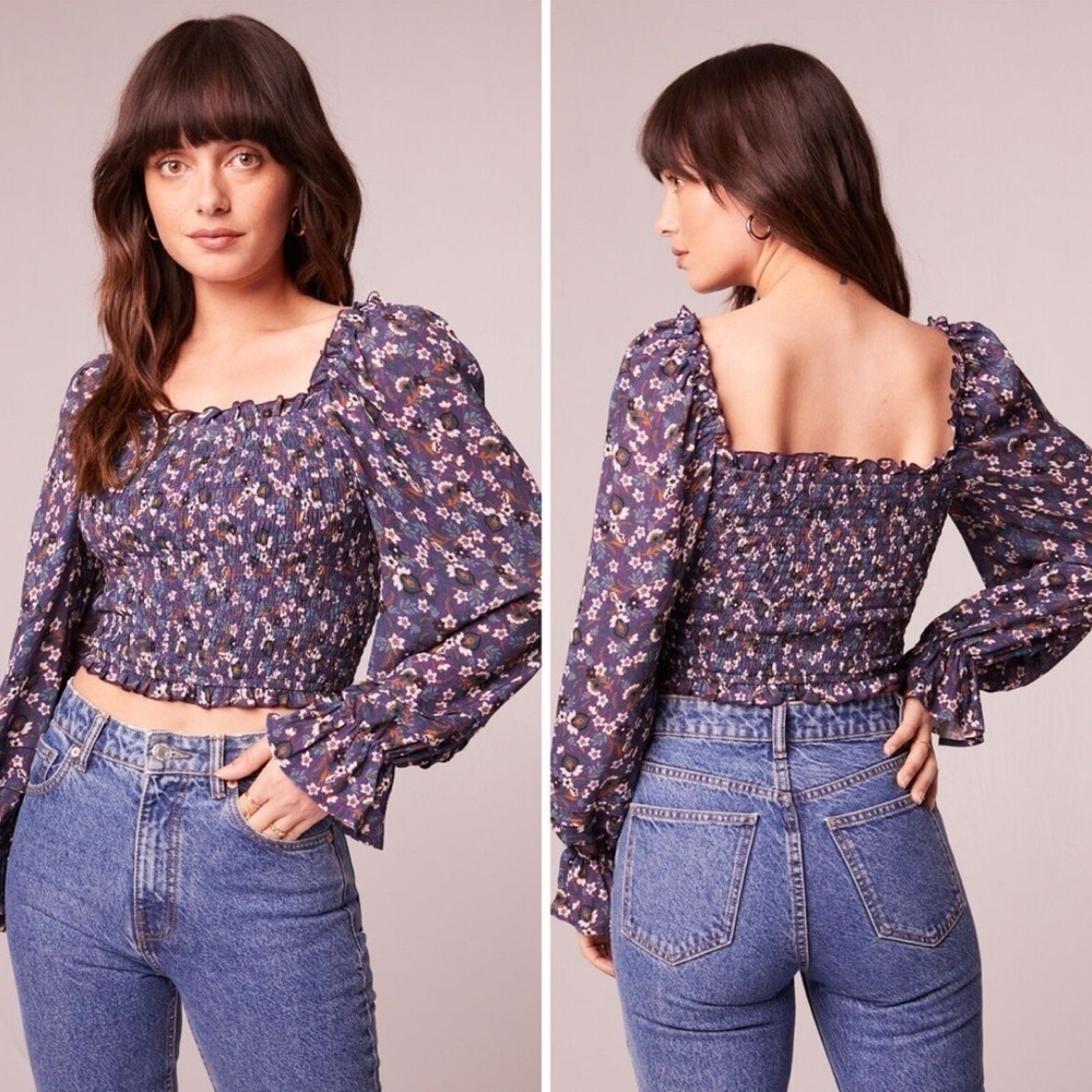 BAND OF THE FREE Agathe purple floral smocked woman ruffled puff sleeve top NWT